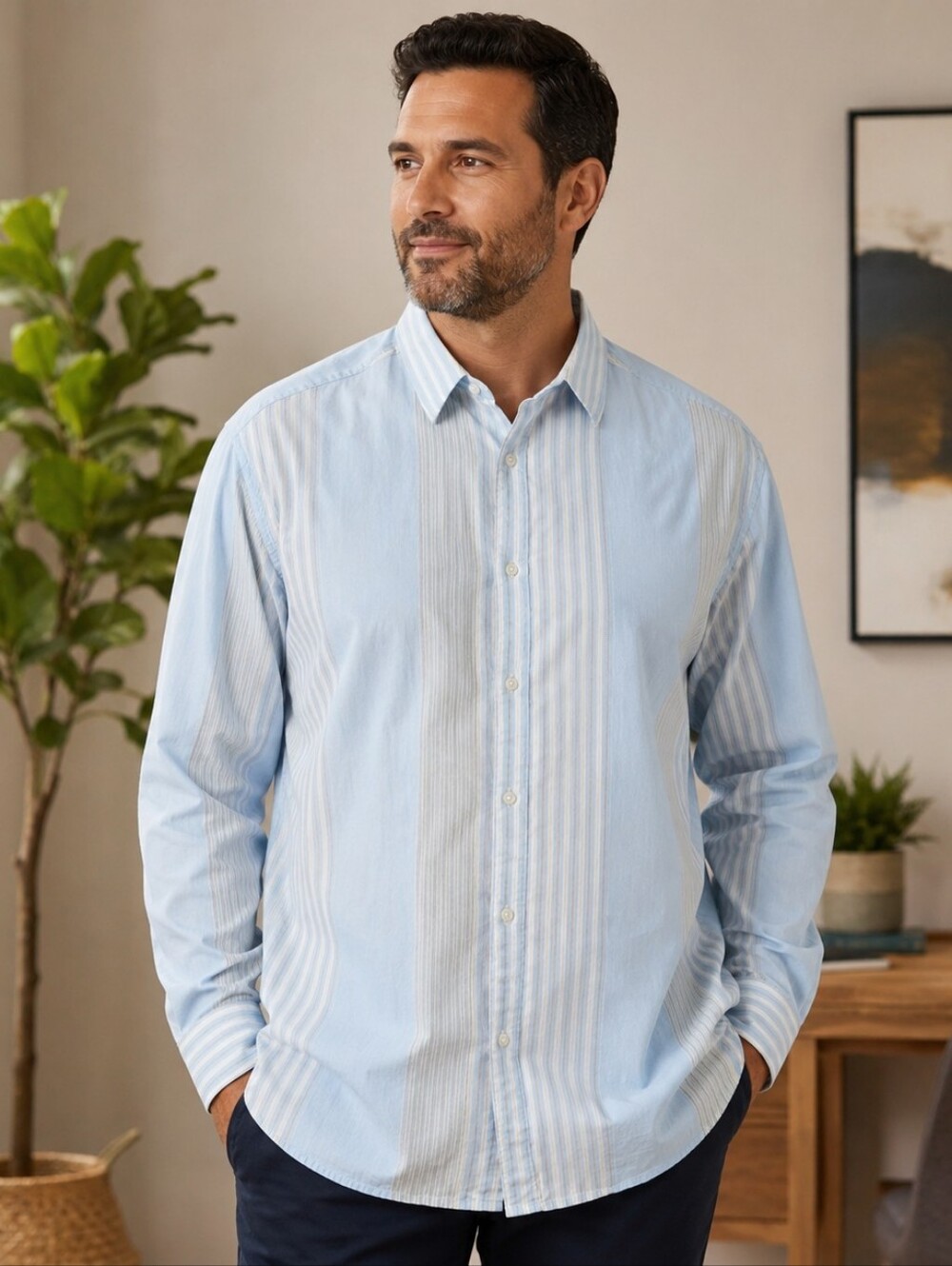 Perry Ellis 2XLT Blue White Striped Cotton Button Front Tall Shirt